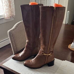 Women's Tall Brown Leather Heeled Riding Boots with Side Zip